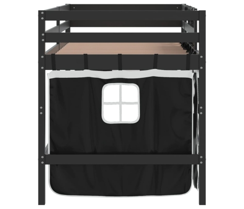 Cama alta niños con cortinas madera pino blanco negro 90x190 cm