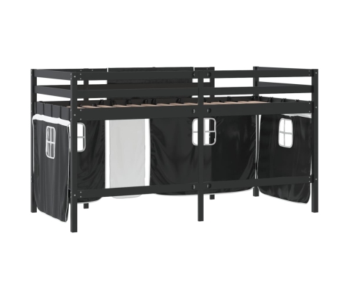 Cama alta niños con cortinas madera pino blanco negro 90x190 cm