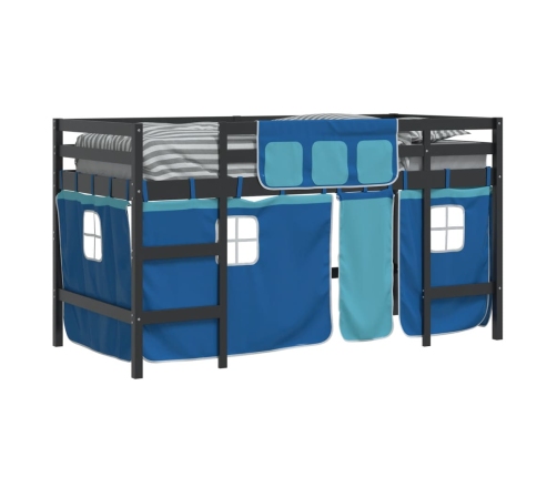 Cama alta para niños con cortinas madera pino azul 90x190 cm