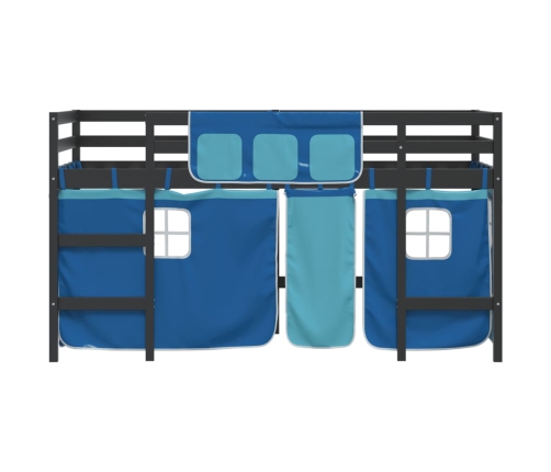 Cama alta para niños con cortinas madera pino azul 90x190 cm