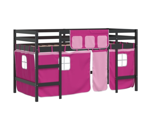 Cama alta para niños con cortinas madera pino rosa 90x190 cm