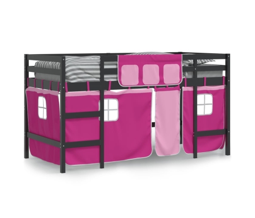 Cama alta para niños con cortinas madera pino rosa 90x190 cm