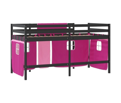 Cama alta para niños con cortinas madera pino rosa 90x190 cm