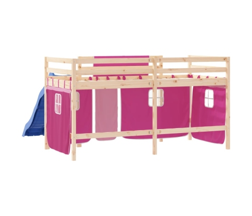 Cama alta para niños con cortinas madera pino rosa 80x200 cm