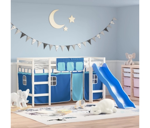 Cama alta para niños con cortinas madera pino azul 80x200 cm