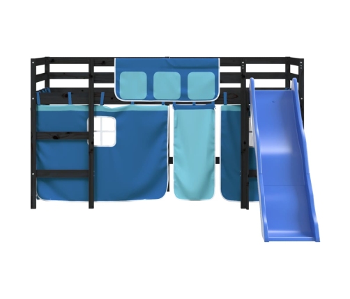 Cama alta para niños con cortinas madera pino azul 80x200 cm