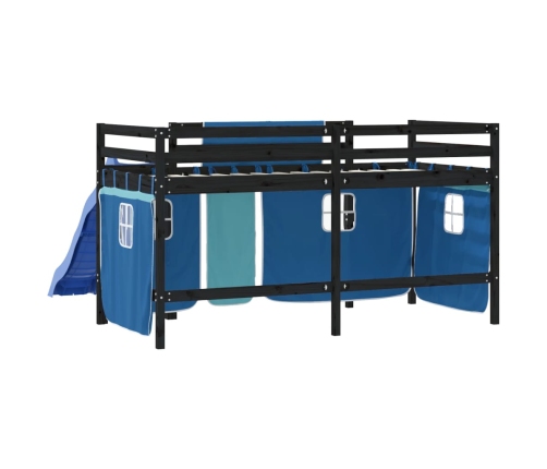 Cama alta para niños con cortinas madera pino azul 80x200 cm