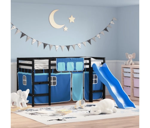 Cama alta para niños con cortinas madera pino azul 80x200 cm