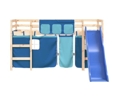 Cama alta para niños con cortinas madera pino azul 90x200 cm