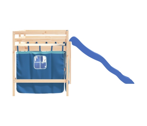 Cama alta para niños con cortinas madera pino azul 90x200 cm