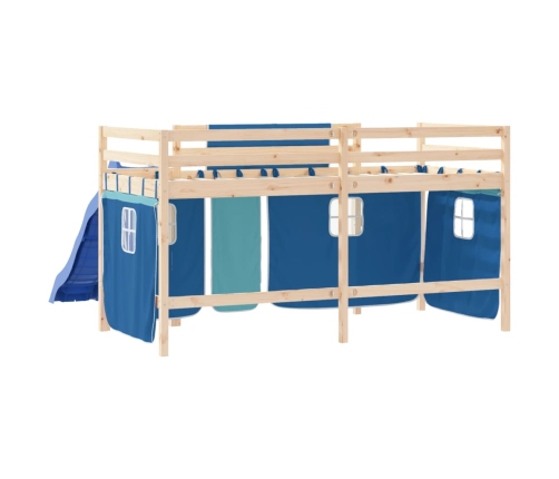 Cama alta para niños con cortinas madera pino azul 90x200 cm