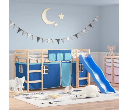 Cama alta para niños con cortinas madera pino azul 90x200 cm