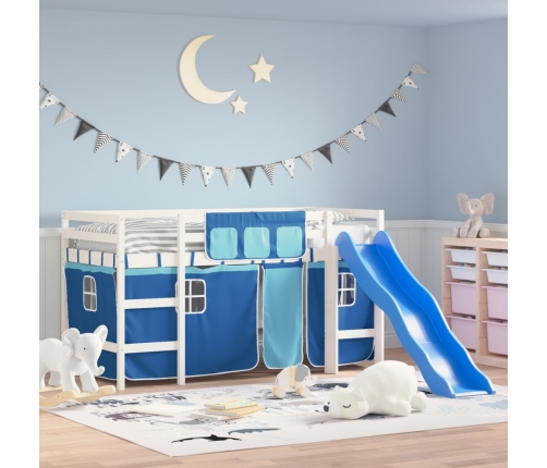 Cama alta para niños con cortinas madera pino azul 90x200 cm