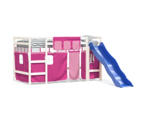 Cama alta para niños con cortinas madera pino rosa 90x200 cm
