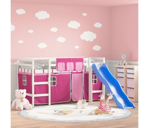 Cama alta para niños con cortinas madera pino rosa 90x200 cm