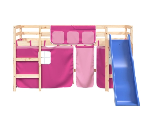 Cama alta para niños con cortinas madera pino rosa 90x190 cm