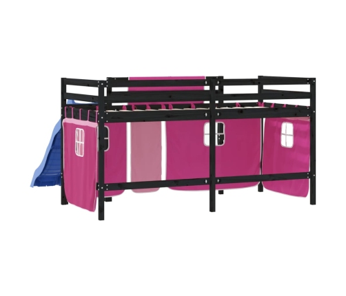 Cama alta para niños con cortinas madera pino rosa 90x190 cm