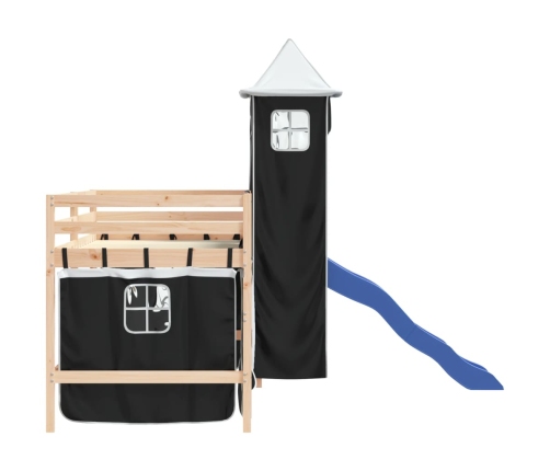 Cama alta niños con torre madera pino blanco negro 80x200 cm