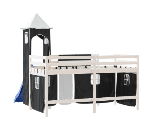 Cama alta niños con torre madera pino blanco negro 90x200 cm