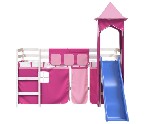 Cama alta para niños con torre madera pino rosa 90x200 cm