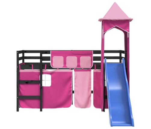 Cama alta para niños con torre madera pino rosa 90x200 cm