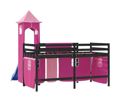 Cama alta para niños con torre madera pino rosa 90x200 cm