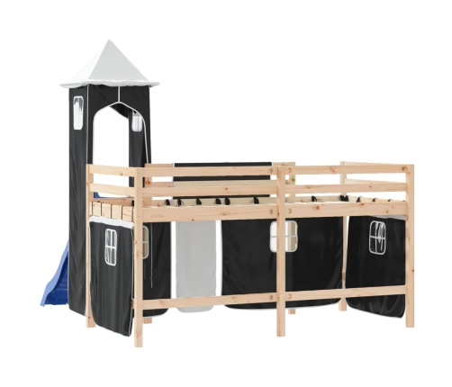 Cama alta niños con torre madera pino blanco negro 90x190 cm