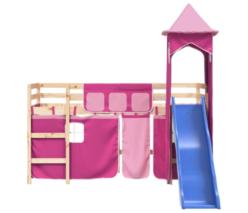 Cama alta para niños con torre madera pino rosa 90x190 cm