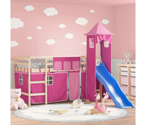 Cama alta para niños con torre madera pino rosa 90x190 cm