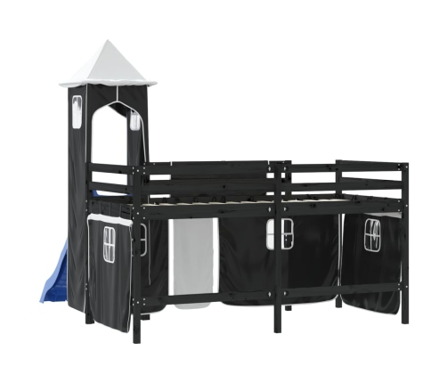 Cama alta niños con torre madera pino blanco negro 90x190 cm