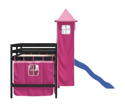 Cama alta para niños con torre madera pino rosa 90x190 cm