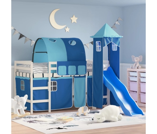 Cama alta para niños con torre madera pino azul 90x200 cm