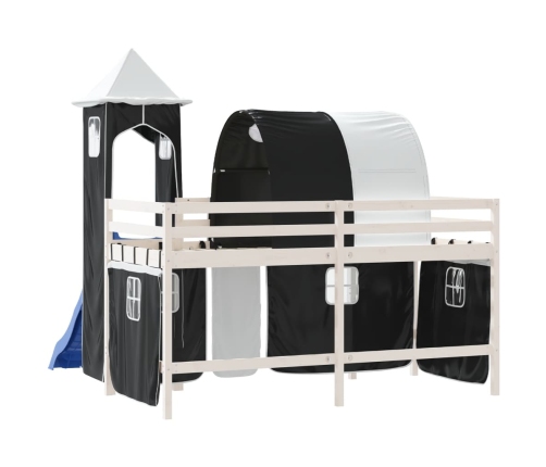 Cama alta niños con torre madera pino blanco negro 90x190 cm