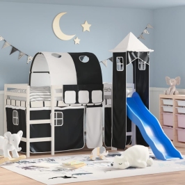 Cama alta niños con torre madera pino blanco negro 90x190 cm