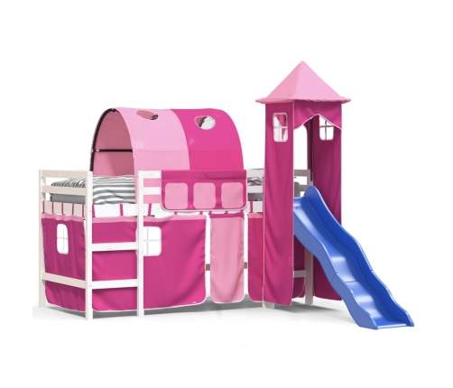 Cama alta para niños con torre madera pino rosa 90x190 cm