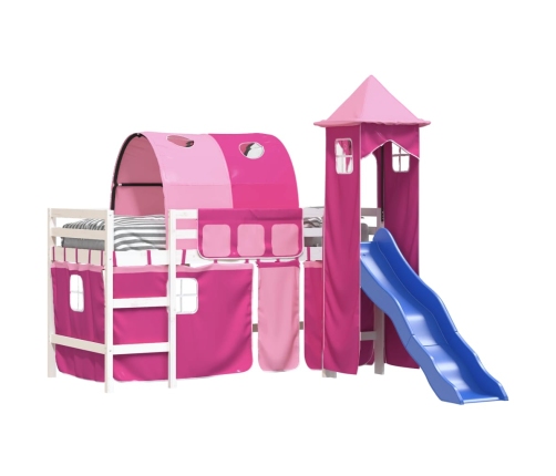 Cama alta para niños con torre madera pino rosa 90x190 cm