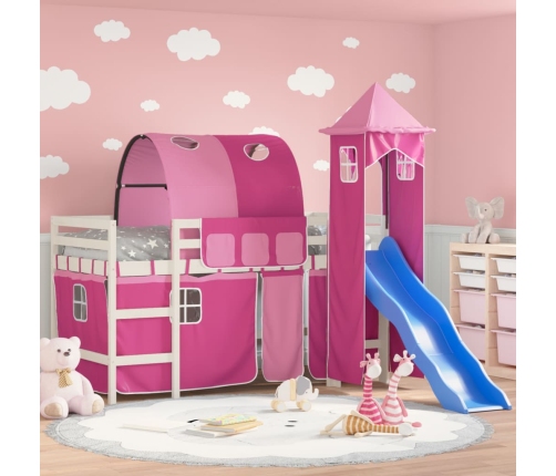 Cama alta para niños con torre madera pino rosa 90x190 cm