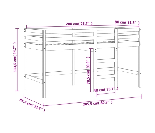 Cama alta de niños escalera madera maciza pino blanco 80x200 cm