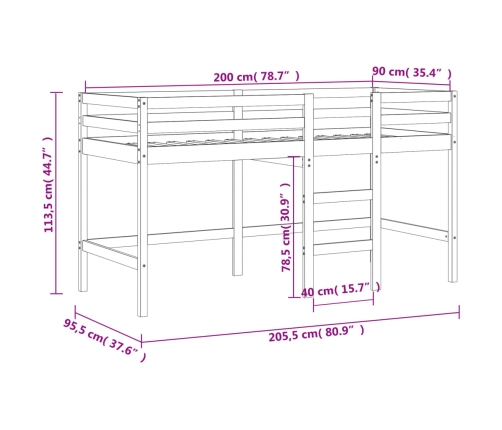 Cama alta de niños escalera madera maciza pino negra 90x200 cm