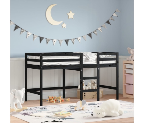 Cama alta de niños escalera madera maciza pino negra 90x200 cm