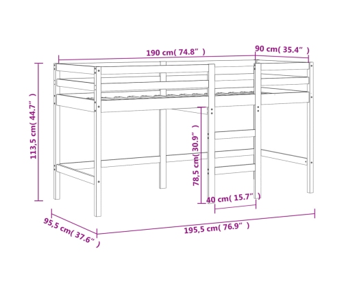 Cama alta de niños con escalera madera maciza pino 90x190 cm