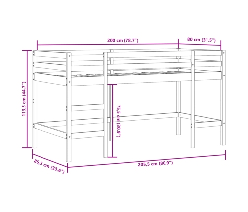 Cama alta de niños escalera madera maciza pino blanco 80x200 cm