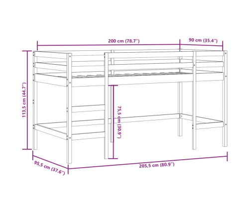 Cama alta de niños con escalera madera maciza pino 90x200 cm