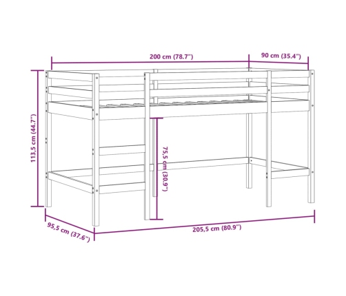 vidaXL Cama alta de niños escalera madera maciza pino negra 90x200 cm