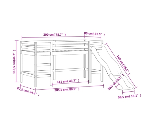 Cama alta de niños con escalera madera maciza blanca 80x200 cm