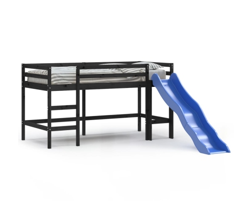 vidaXL Cama alta de niños con tobogán madera maciza negra 90x200 cm