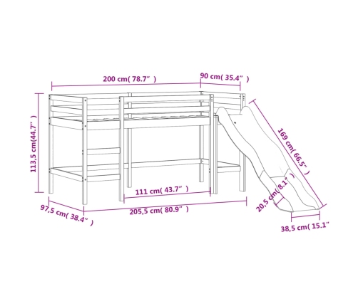 vidaXL Cama alta de niños con tobogán madera maciza negra 90x200 cm