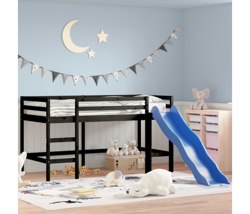 vidaXL Cama alta de niños con tobogán madera maciza negra 90x200 cm