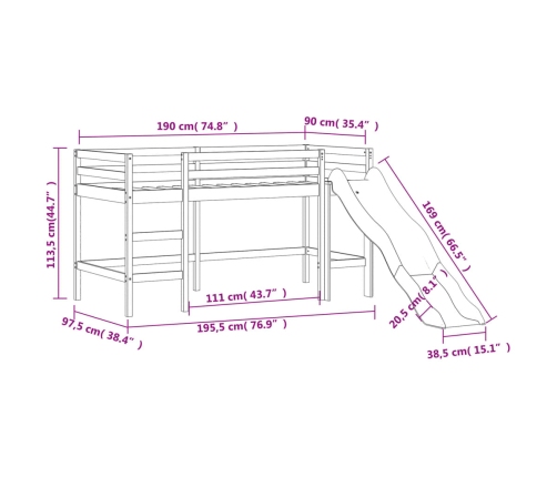 Cama alta para niños tobogán madera maciza pino negro 90x190 cm