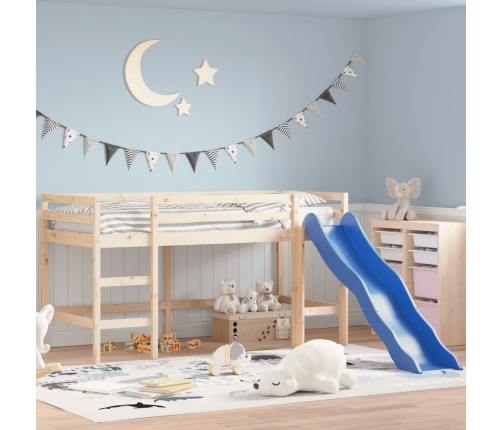 Cama alta para niños tobogán madera maciza pino negro 90x190 cm